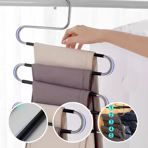 Stainless Steel 5 Layers Anti-Slip S Type Pant Magic Hanger Multi Function Trousers Clothes Hanger Penyangkut Tudung