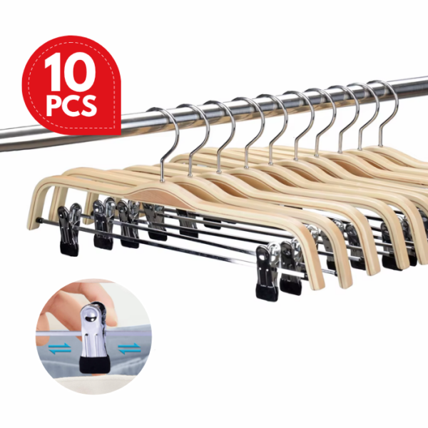 Adjustable Solid Wood Pants Hanger Natural Smooth Finish High-Grade with Sturdy Metal Rubber Padded Clips Wooden Hanger