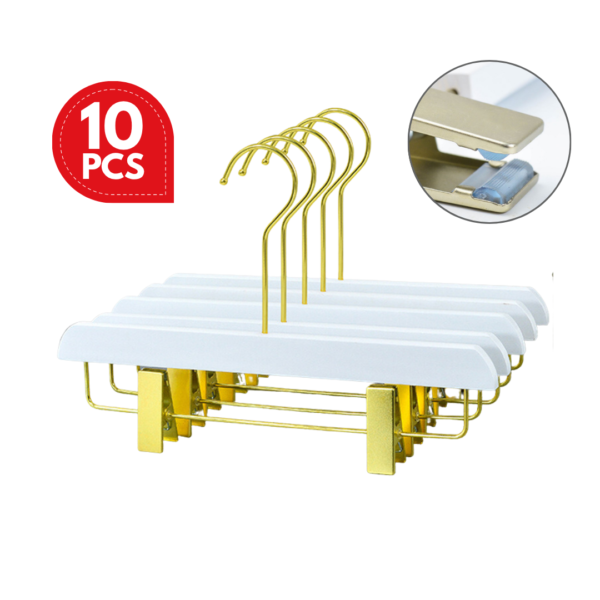 White Wooden Pants Skirts Hangers Solid Wood Trousers Bottom Hanger with 2-Adjustable Gold Clips