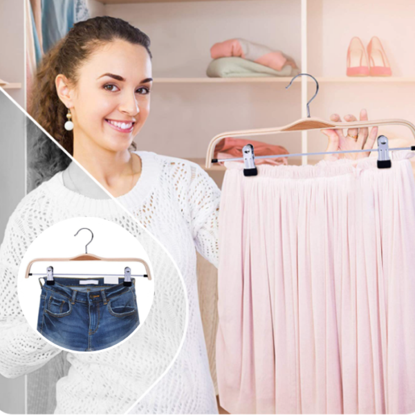 Adjustable Solid Wood Pants Hanger Natural Smooth Finish High-Grade with Sturdy Metal Rubber Padded Clips Wooden Hanger