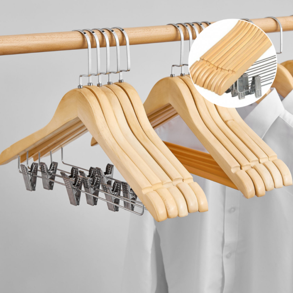 Non-slip  Schima Superba Boutique Solid Clothes Wooden Hanger Baju Hanger Kayu Clips (Thicker Version with clip)