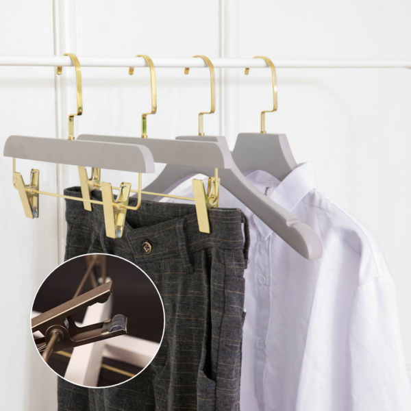 White Wooden Pants Skirts Hangers Solid Wood Trousers Bottom Hanger with 2-Adjustable Gold Clips